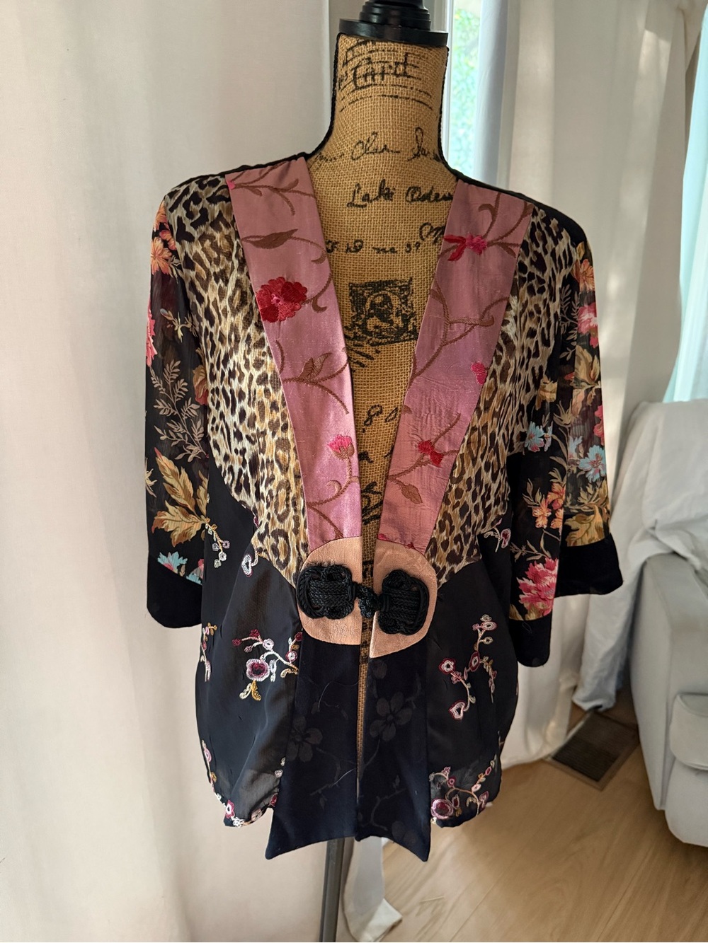 Black Satin Floral & Leopard Trim Kimono with Pink Embroidered Panel